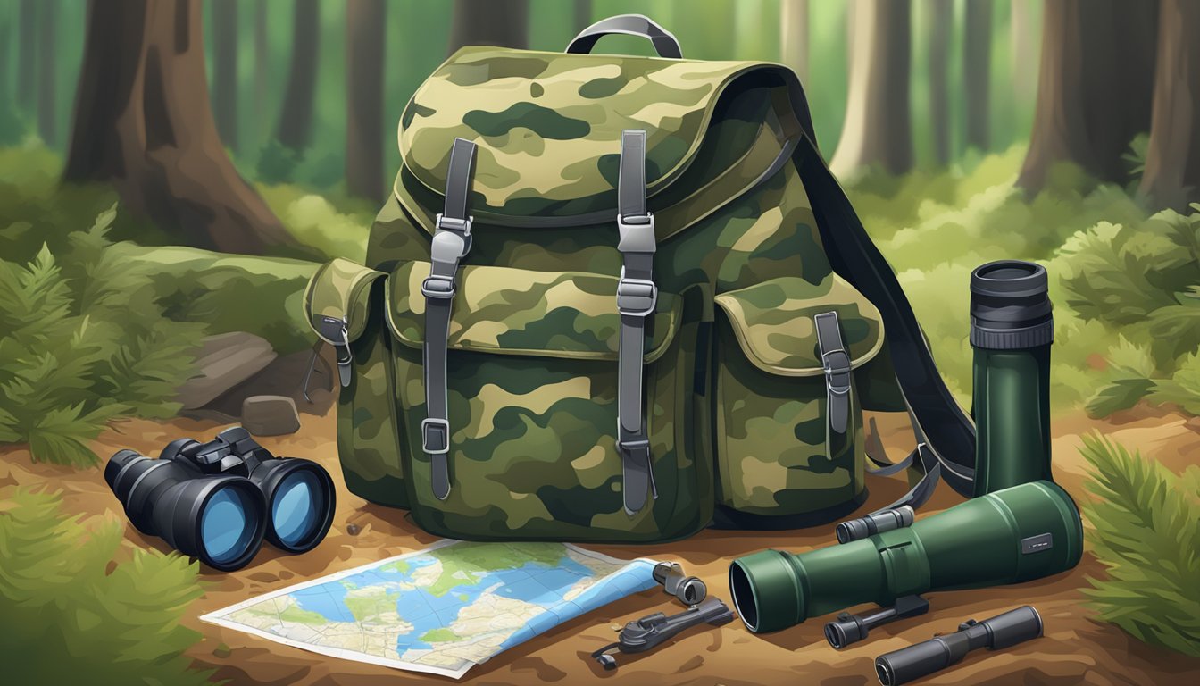 A camouflage backpack, hunting rifle, binoculars, and a map laid out on a forest floor