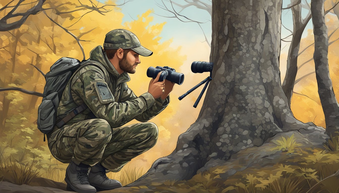 A hunter in camouflage gear crouching behind a tree, binoculars in hand, scanning the backcountry for prey