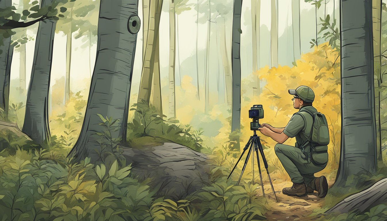 A person easily sets up a trail camera in a forest clearing