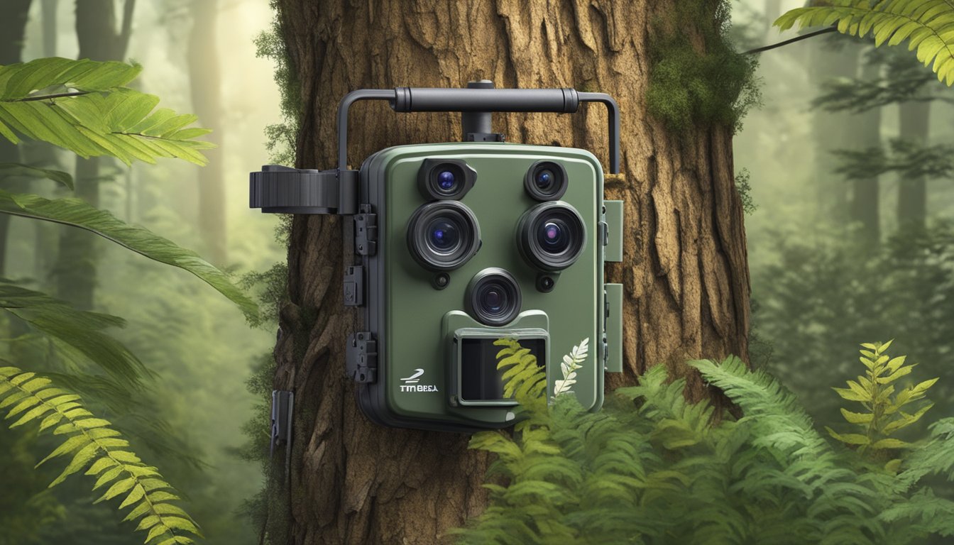 A trail camera mounted on a tree in a dense forest, surrounded by thick vegetation and wildlife. The camera is weatherproof and secured with a sturdy lock