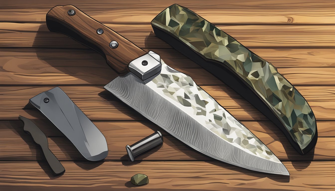 A variety of hunting knife blades, including drop point, clip point, and tanto, laid out on a wooden table next to a sharpening stone and oil