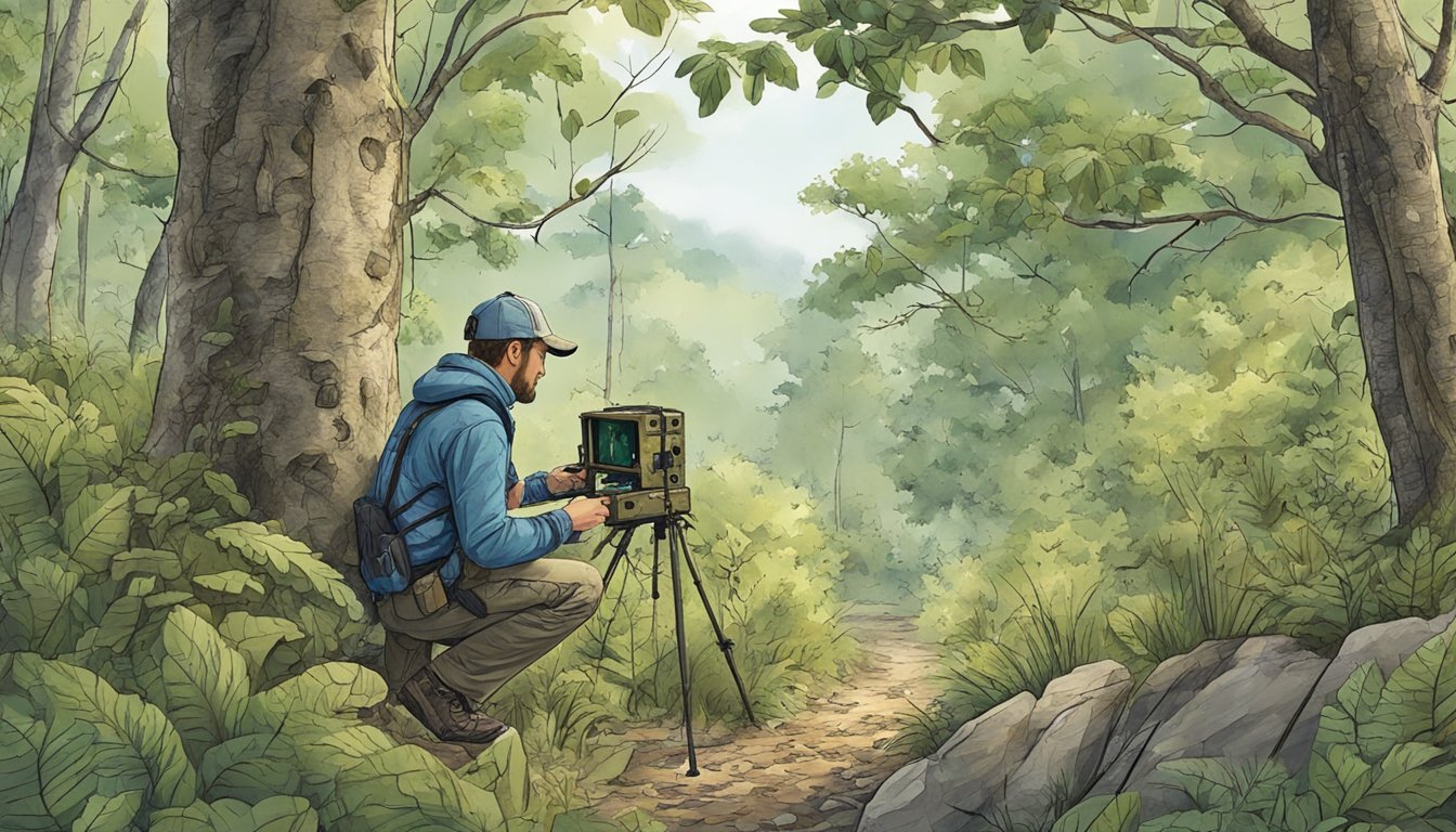 A rugged outdoor setting with a person setting up a trail camera on a tree, surrounded by dense foliage and wildlife tracks