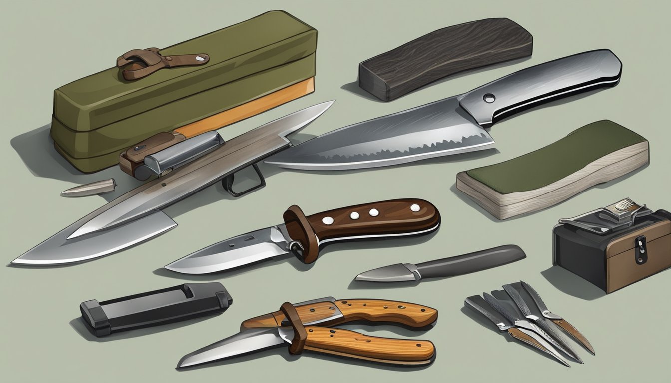 A tabletop with various hunting knife sharpening equipment and accessories arranged neatly for use