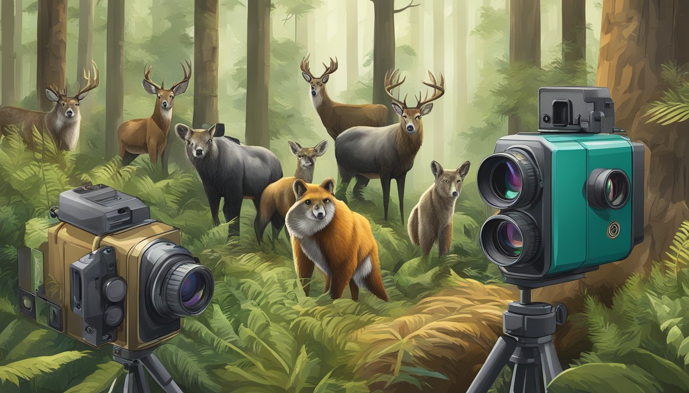 A group of wildlife cameras set up in a forest, capturing animals in their natural habitat