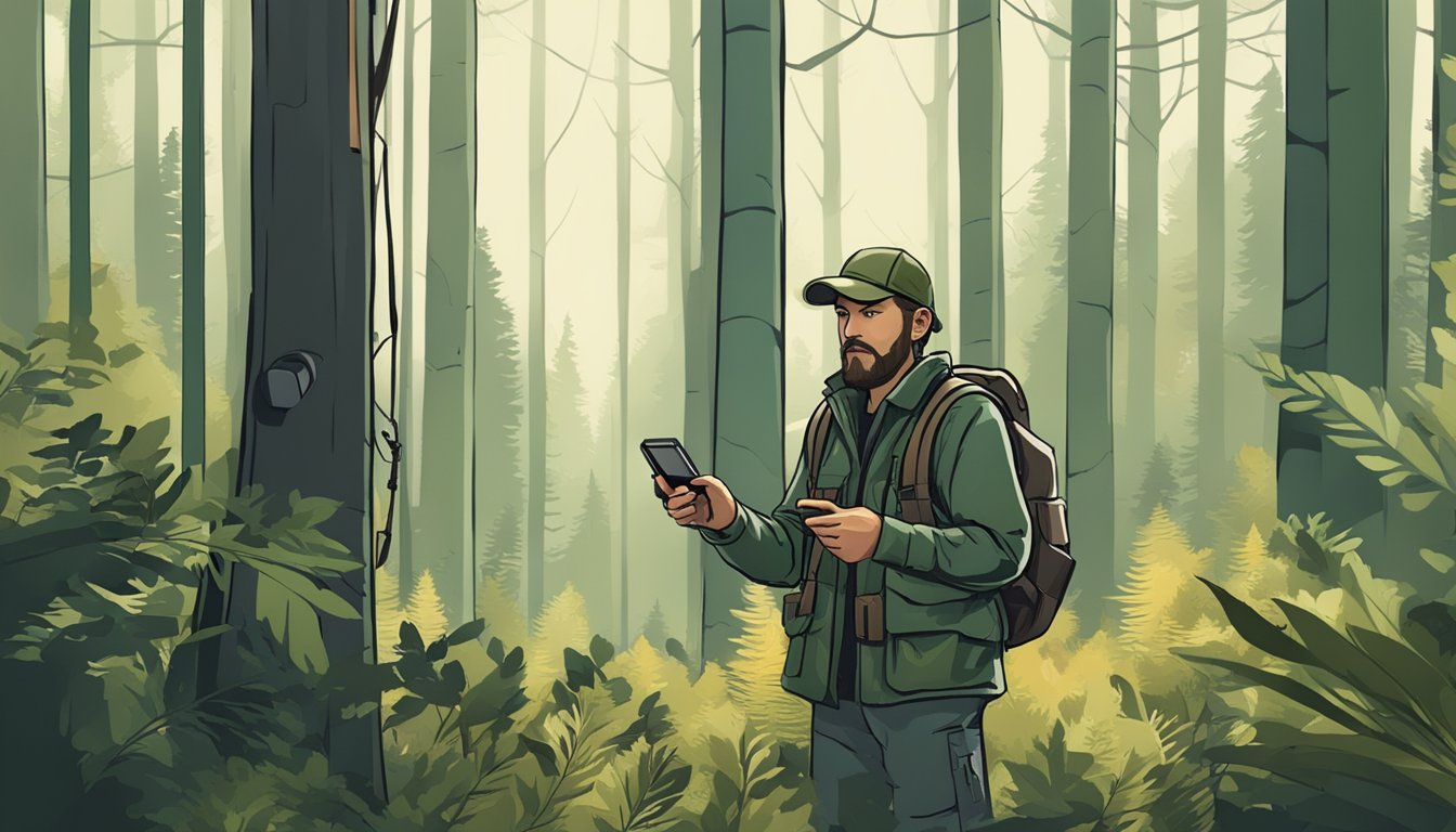 A hunter using a GPS device to track their location in a dense forest