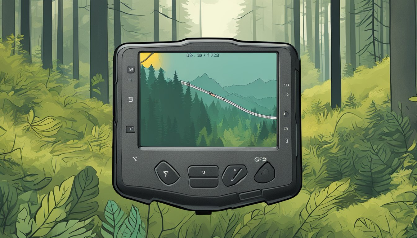 A hunting GPS unit being used to navigate through dense forest with a clear view of the device's screen and surrounding nature