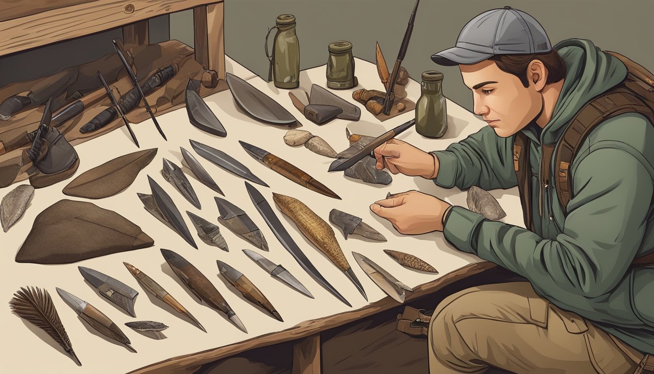 A hunter carefully selects arrowheads from a display of various types, surrounded by hunting gear and equipment