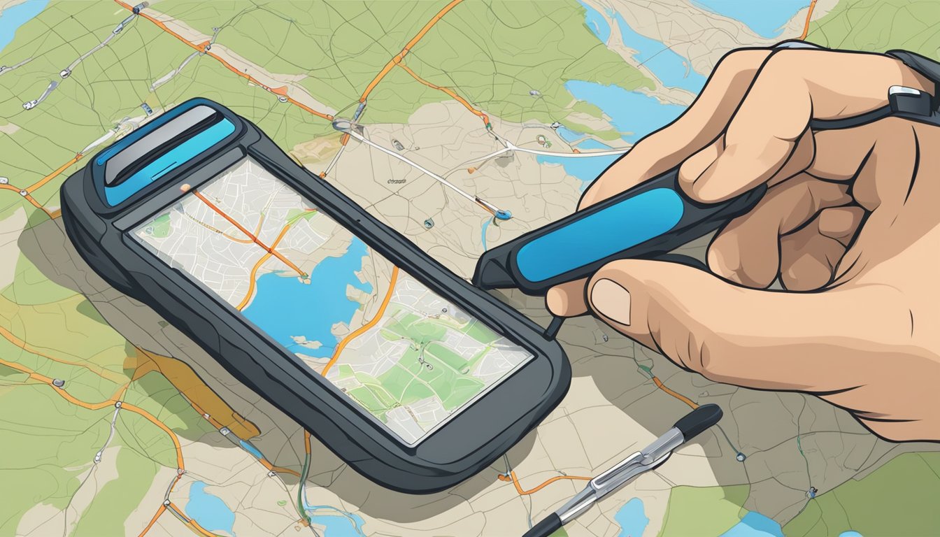 A hand holding a GPS device, wiping the screen with a microfiber cloth. The device is surrounded by a map, compass, and other outdoor gear