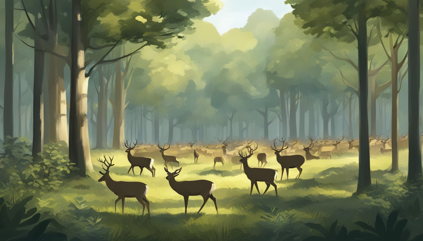 A group of deer feeders arranged in a forest clearing, with a variety of sizes and designs. Surrounding trees and foliage provide a natural backdrop