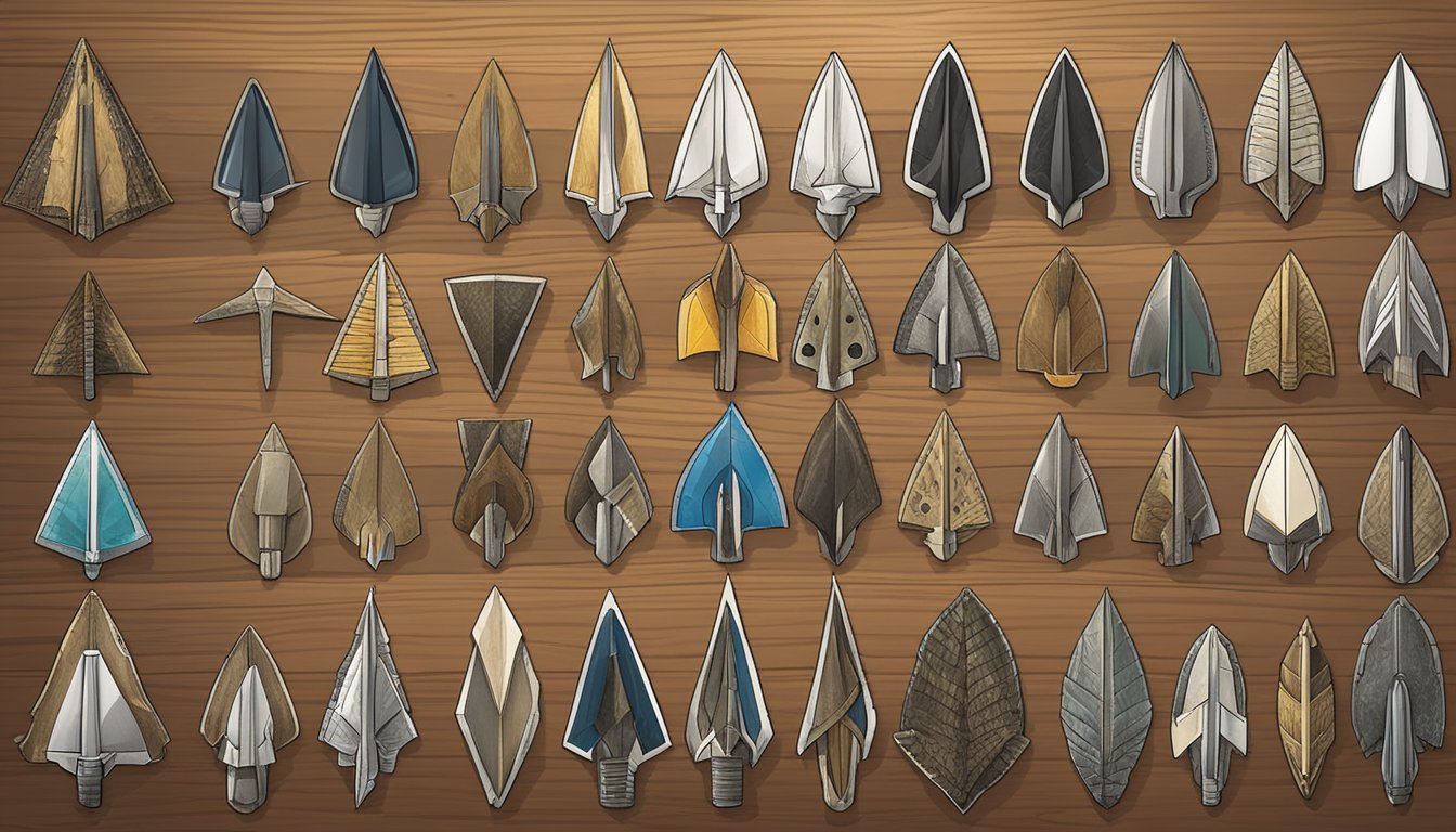 An array of broadhead arrowheads displayed on a wooden table, each brand labeled clearly for comparison