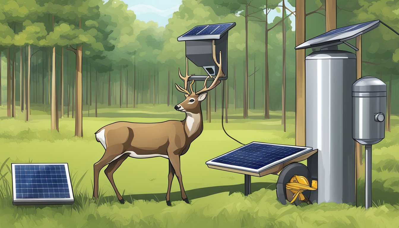 A deer feeder dispensing food in a wooded area, with a technology component such as a solar panel or automated timer