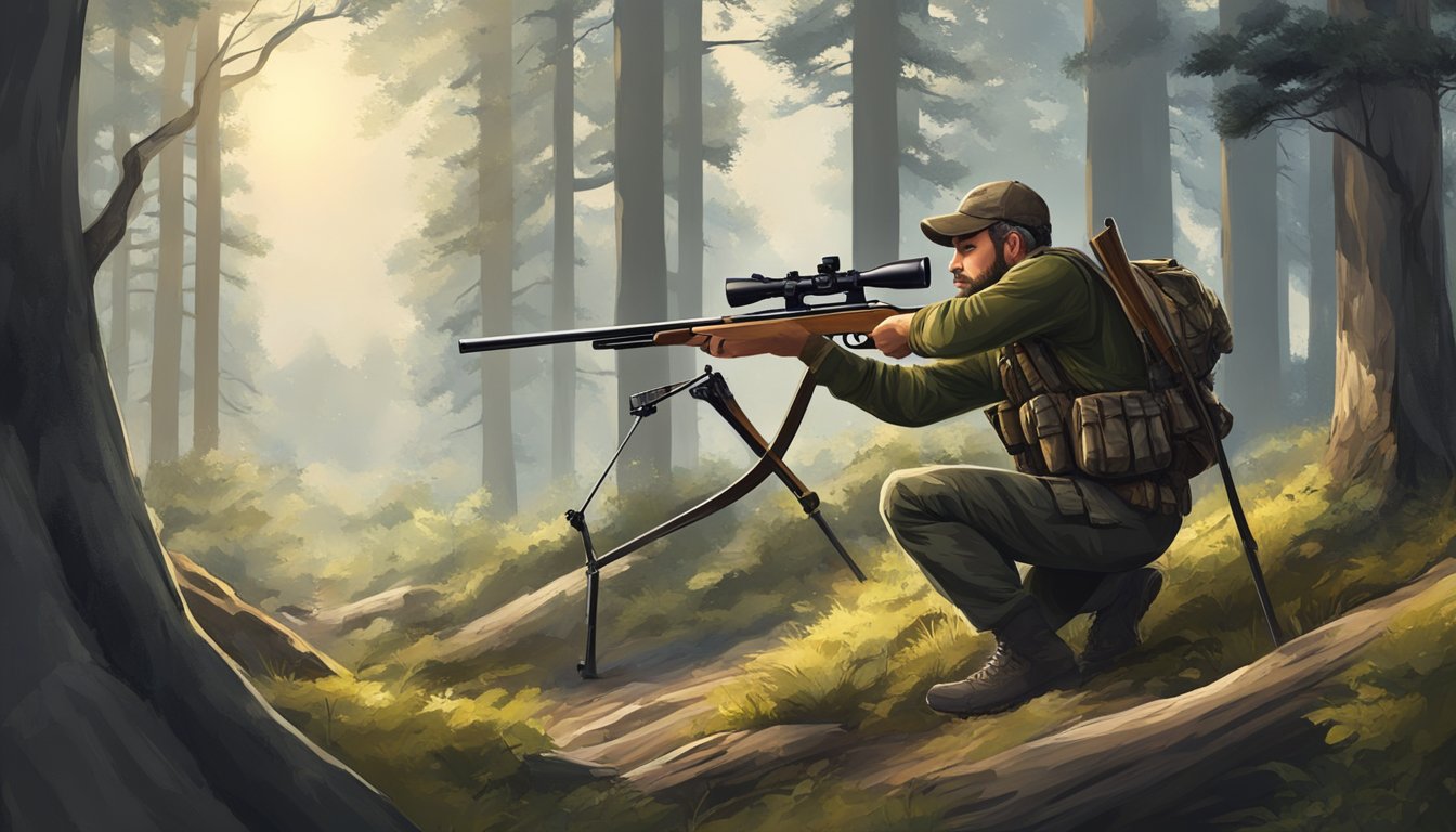 A hunter kneeling in the forest, aiming a bow with a high-quality sight attached, surrounded by trees and wildlife