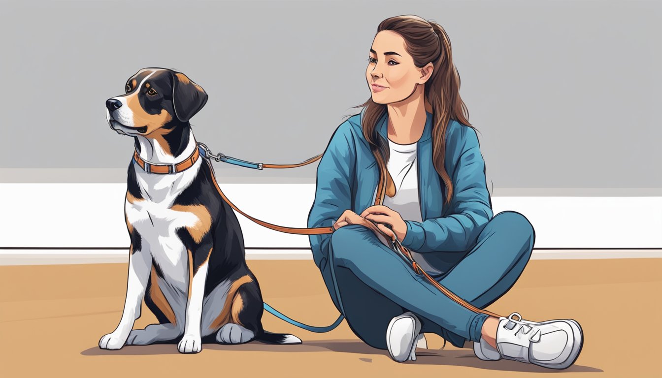 A dog wearing a training collar sits attentively next to its owner, who holds a leash. The owner gives a command, and the dog responds obediently