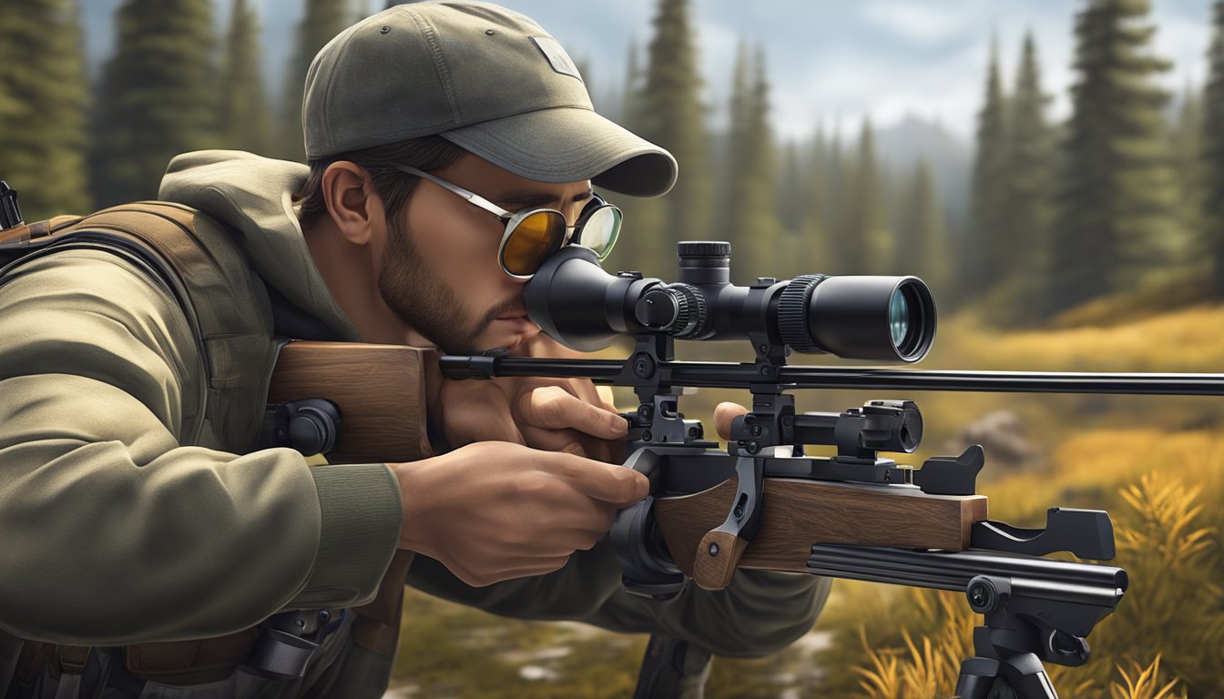 A hunter adjusting the advanced mechanisms on their bow sight in the wilderness