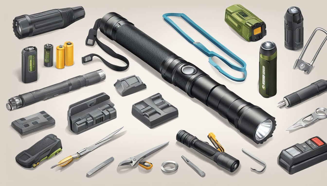 A rugged flashlight surrounded by a variety of accessories and tools, including spare batteries, a knife, and a multitool