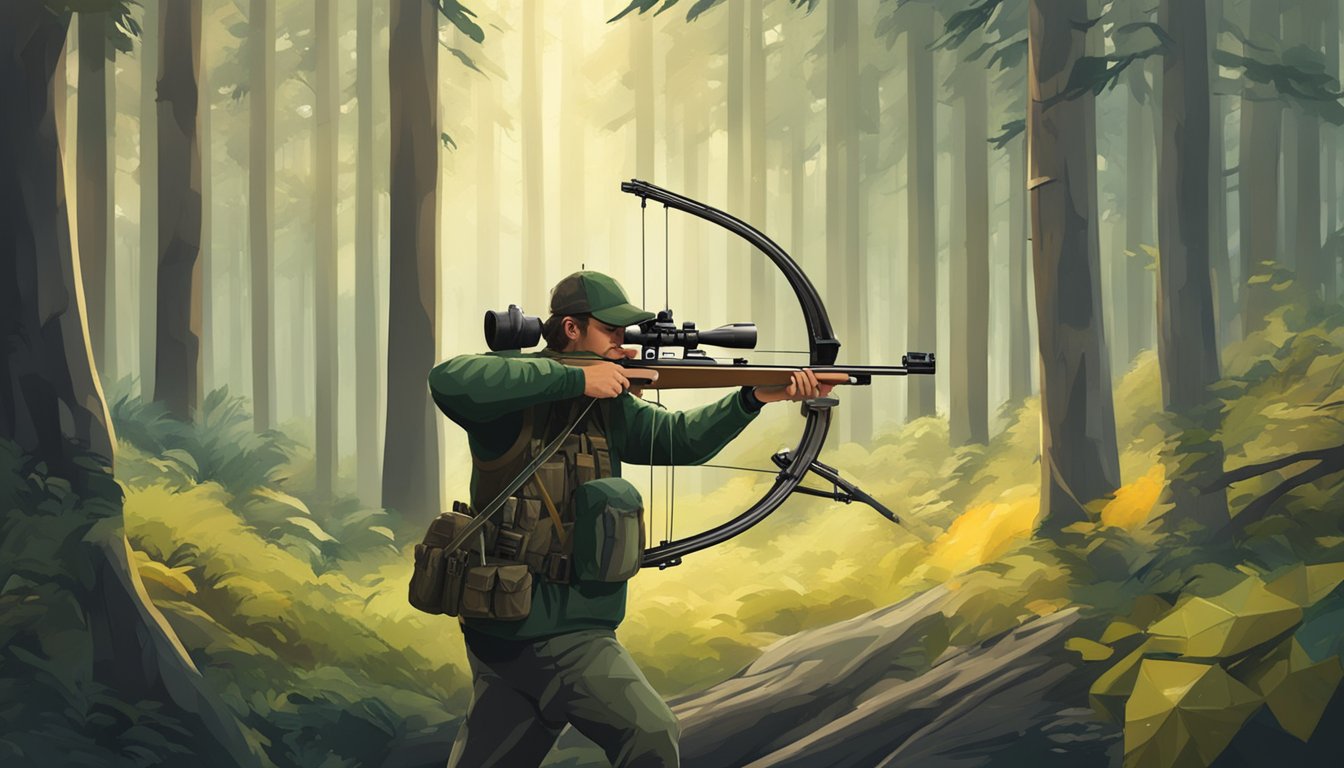 A hunter aiming through a bow sight at a distant target in a wooded forest