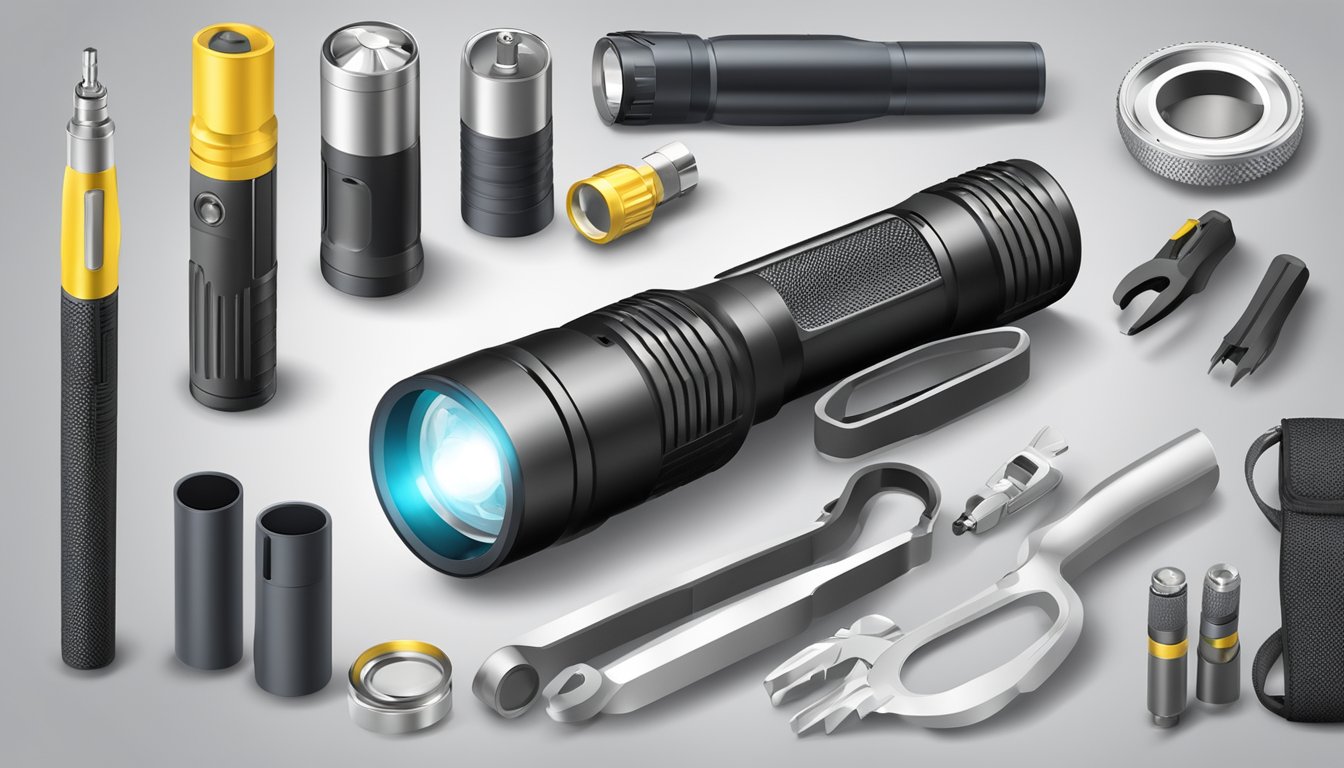 A rugged, compact flashlight made of high-quality metal and rubber, surrounded by various tools and materials for assembly