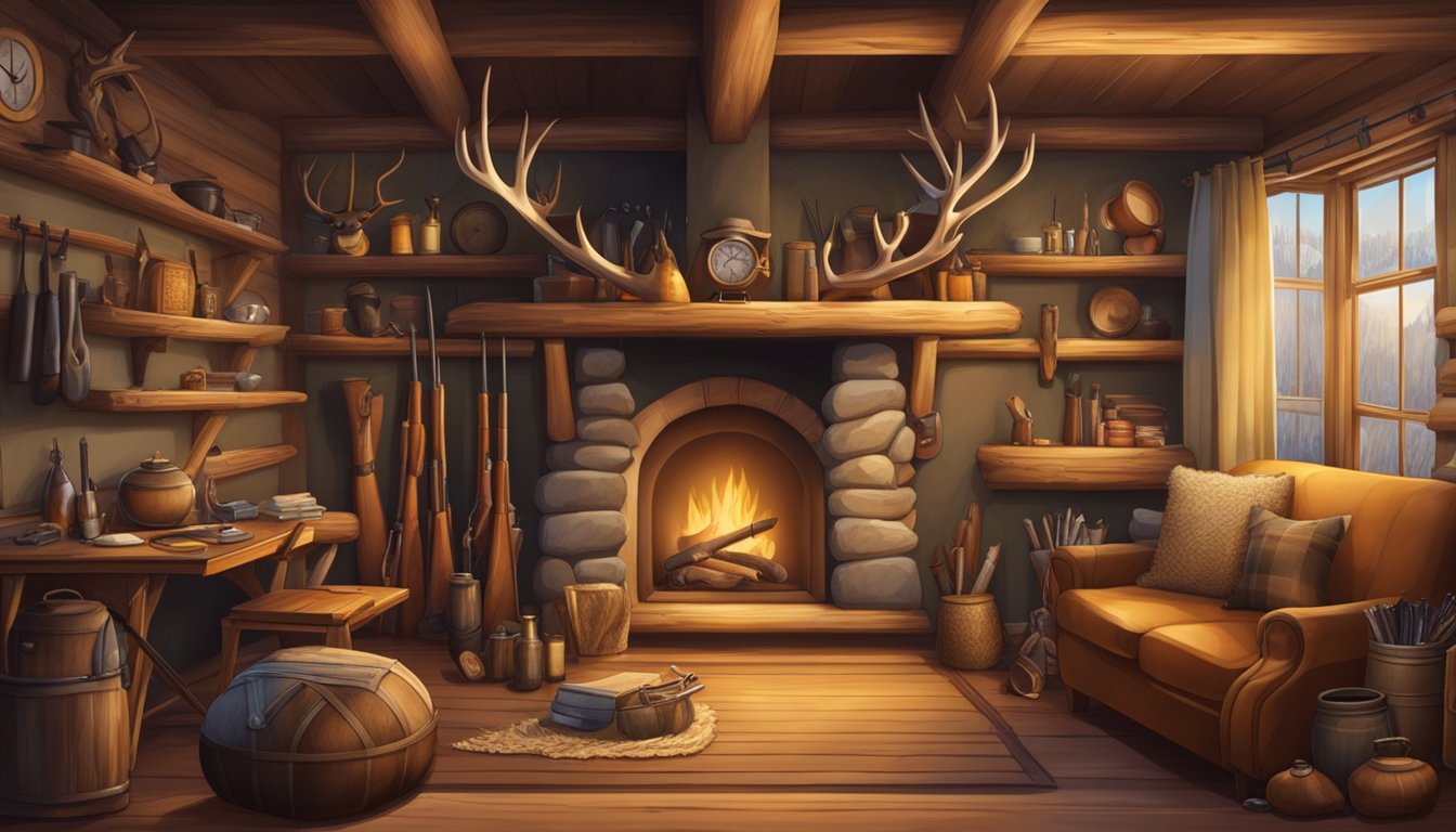 A hunter's cabin with a cozy fire, mounted antlers, hunting gear, and a collection of hunting trophies displayed on the walls