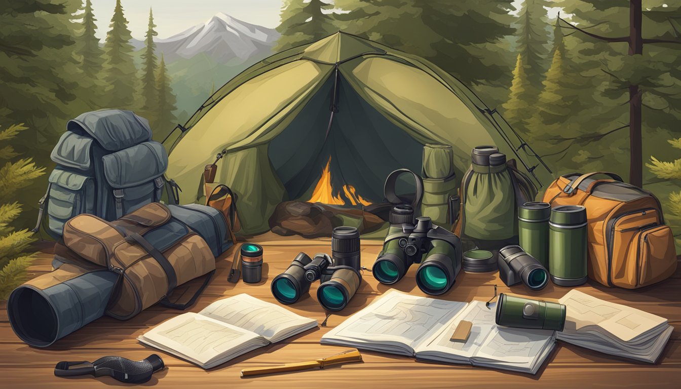 A hunter's campsite with binoculars, rifle, backpack, and other scouting gear laid out on a wooden table