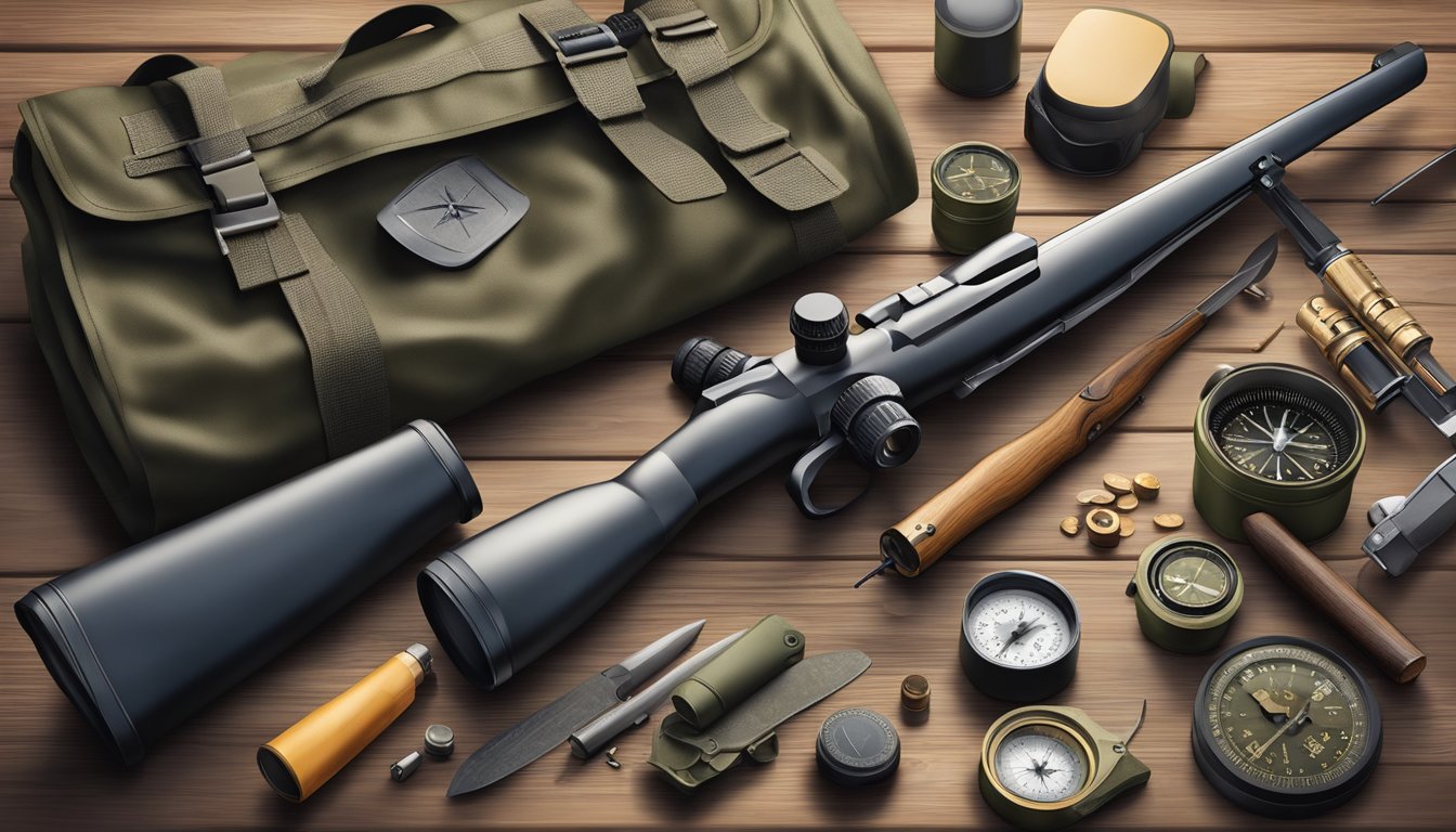 A hunter's gear laid out on a wooden table: rifle, ammunition, camouflage clothing, binoculars, compass, and a hunting knife