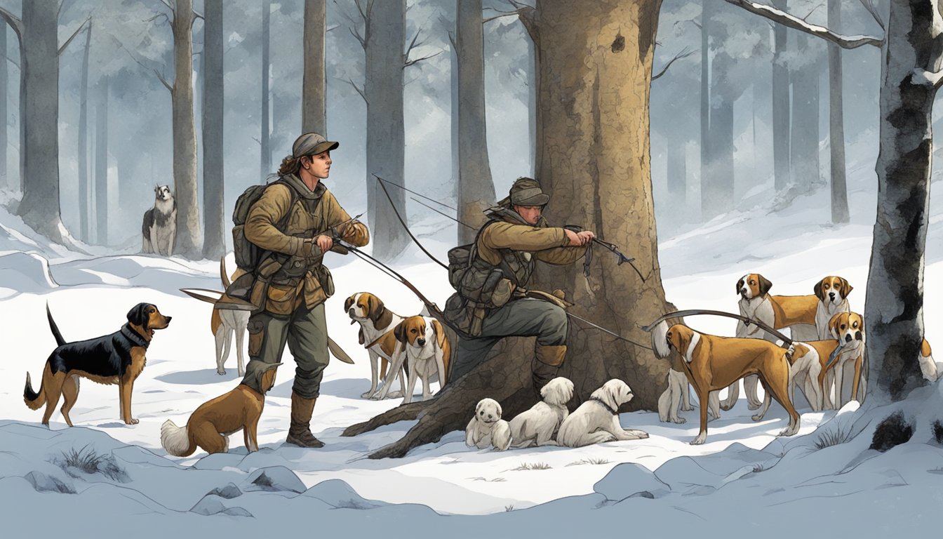 A hunter crouches behind a tree, holding a bow and arrow, while a pack of hunting dogs eagerly wait nearby