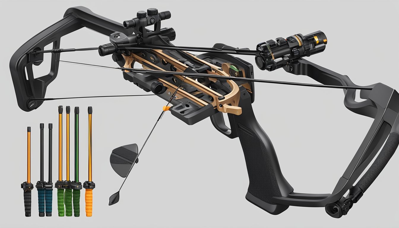 A collection of quivers, stabilizers, sights, and arrow rests surround a sleek beginner compound bow, ready for hunting