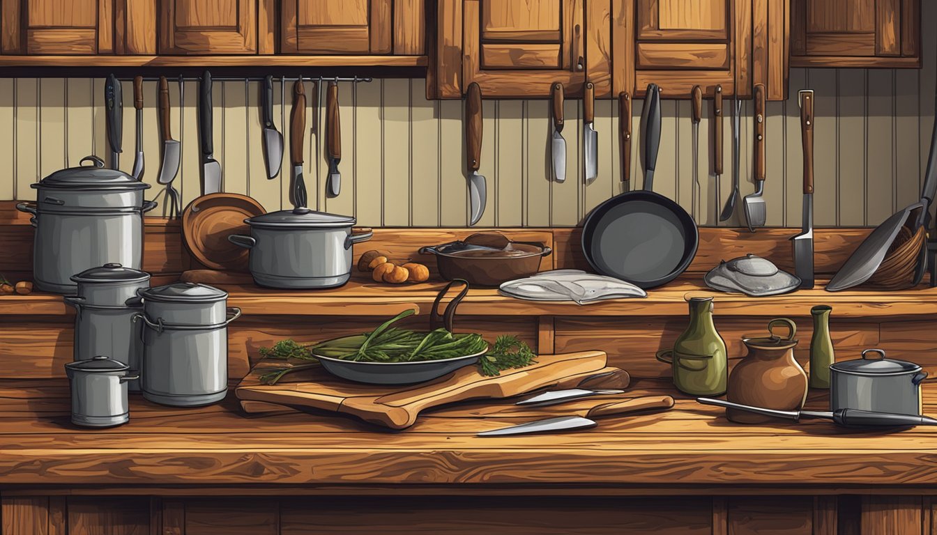 A rustic kitchen scene with hunting gear, knives, and cooking utensils displayed on a wooden table