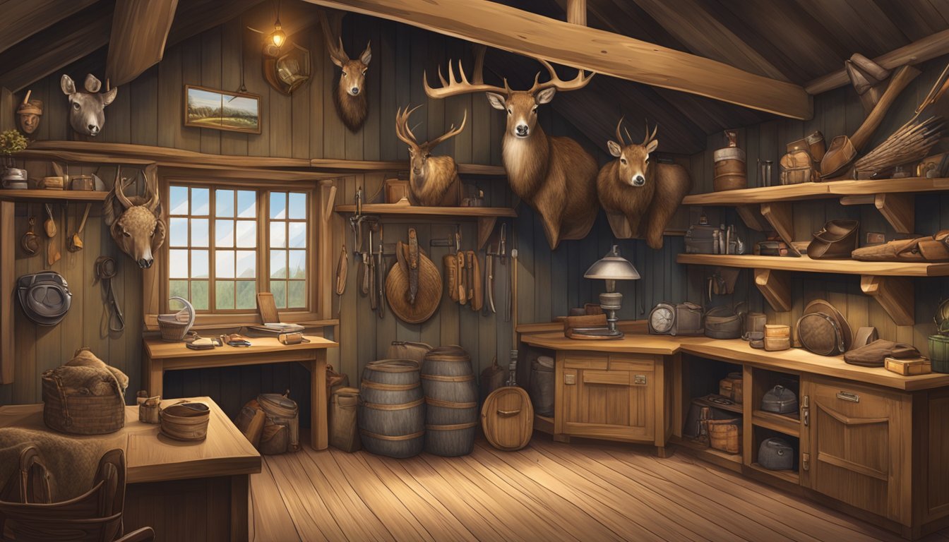 A hunter's cabin with mounted animal heads, hunting gear, and personalized gifts on display