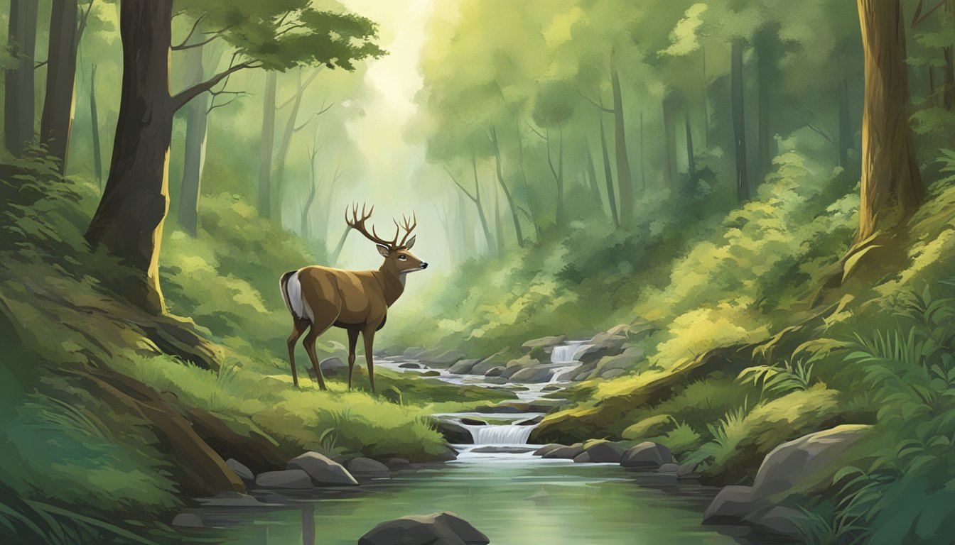 A lush forest with diverse wildlife, a clear stream, and a hunter tracking a deer