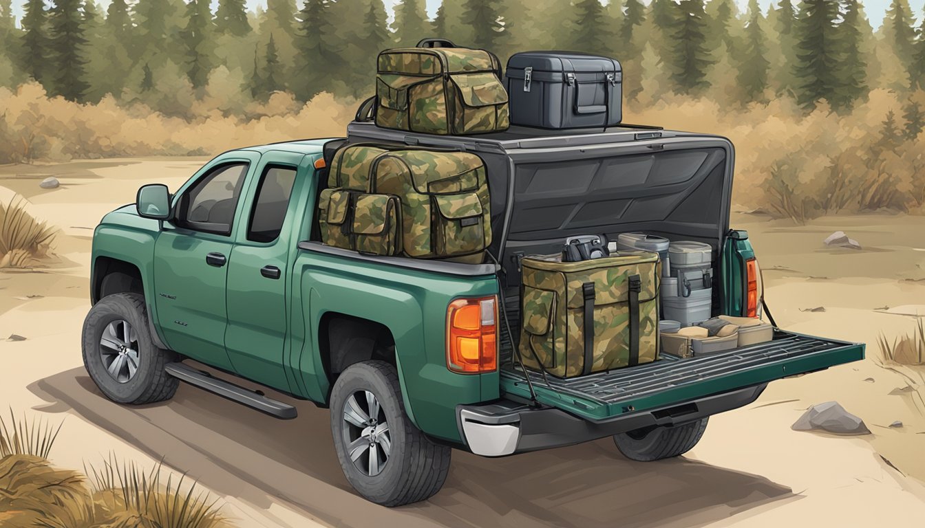 A rugged, camouflaged storage box sits in the bed of a pickup truck, filled with hunting gear. A rifle case and a pair of binoculars are strapped to the roof rack