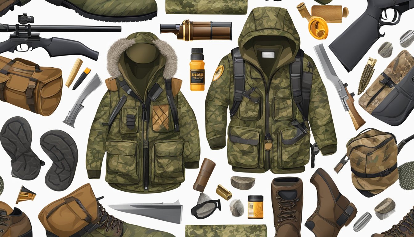 A hunter's gear laid out with camo clothing, boots, gloves, and protective headgear, surrounded by a rifle, ammunition, and hunting accessories