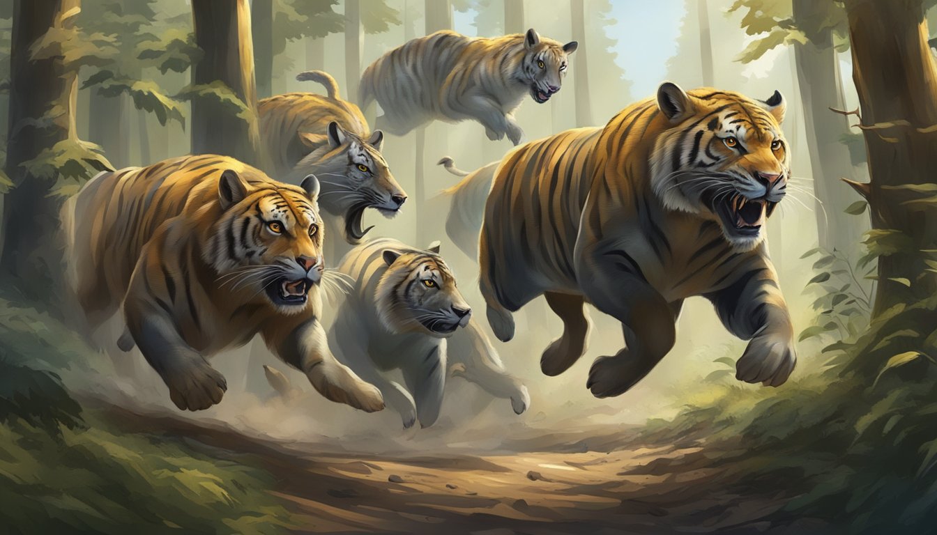 A group of fierce animals compete in a dense forest, leaping over obstacles and chasing after prey in a thrilling hunting tournament