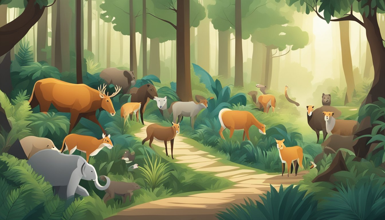 A diverse group of animals peacefully coexisting in a lush forest, with clear paths and ramps for easy movement