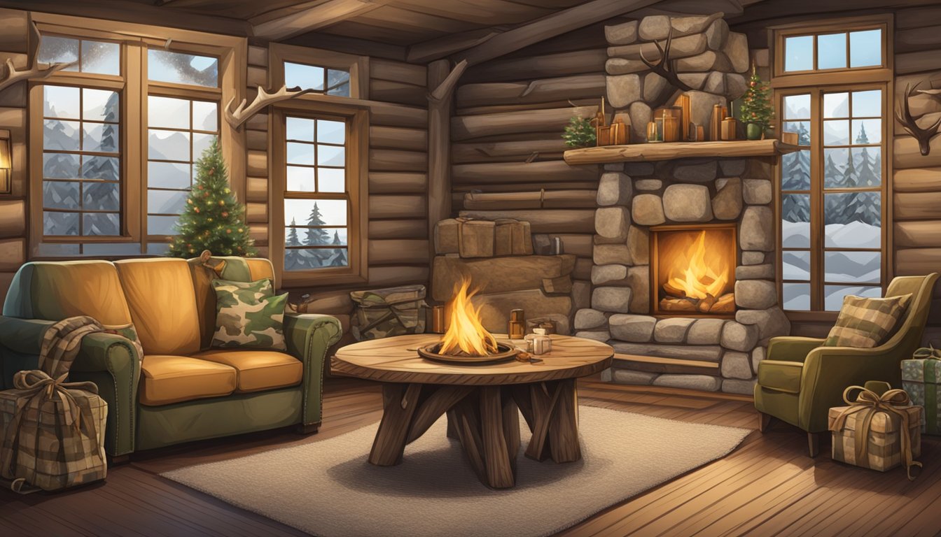 A hunter's cabin with a cozy fireplace, mounted antlers, and a table displaying hunting gear and a gift wrapped in camouflage paper