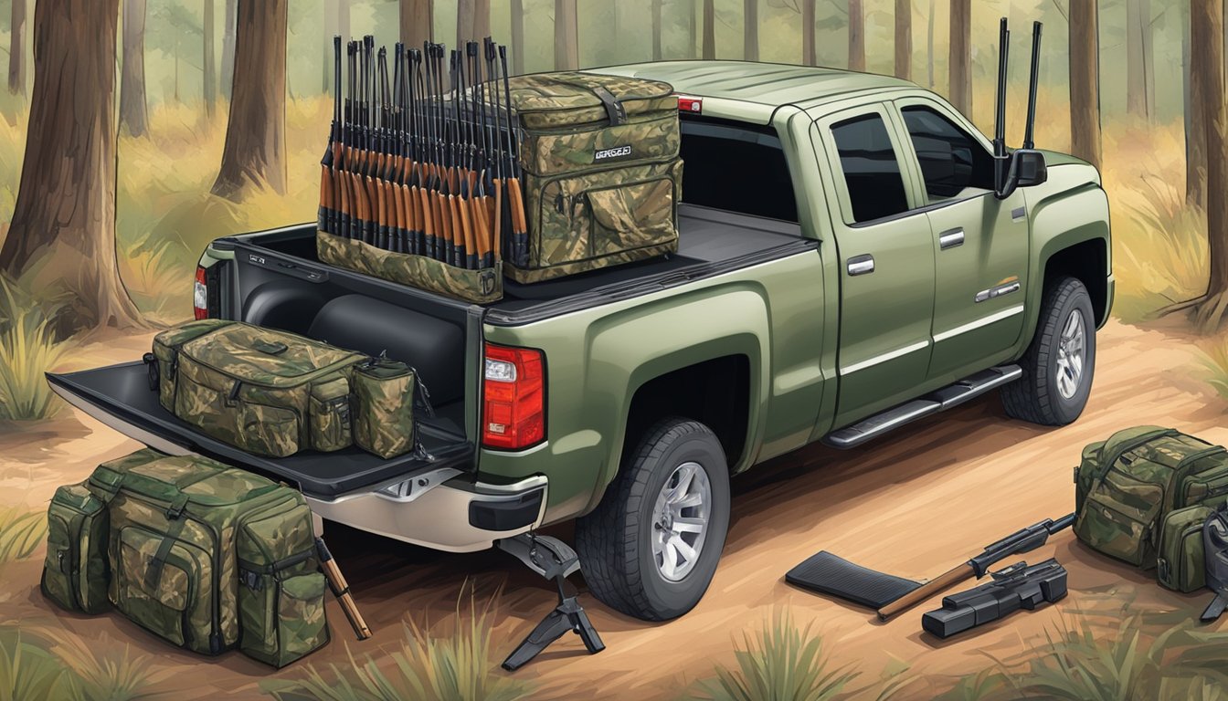 A large hunting cooler sits open in the bed of a pickup truck, surrounded by camouflage gear and a pair of hunting rifles