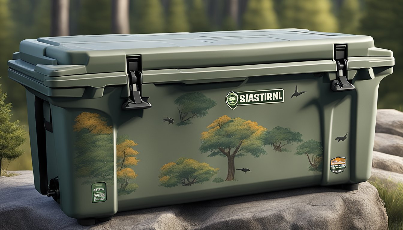 A large hunting cooler surrounded by trees and wildlife, with a rugged and durable design