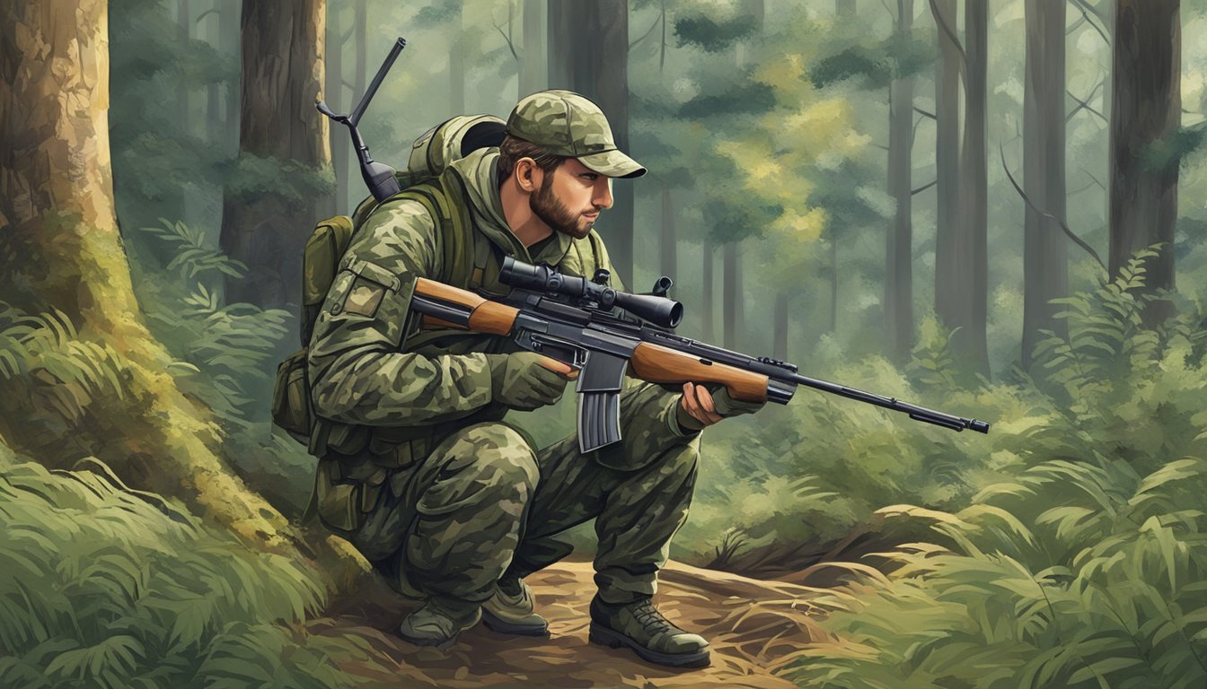 A hunter kneeling in a forest, wearing camouflage gear and carrying a rifle, surrounded by trees and bushes