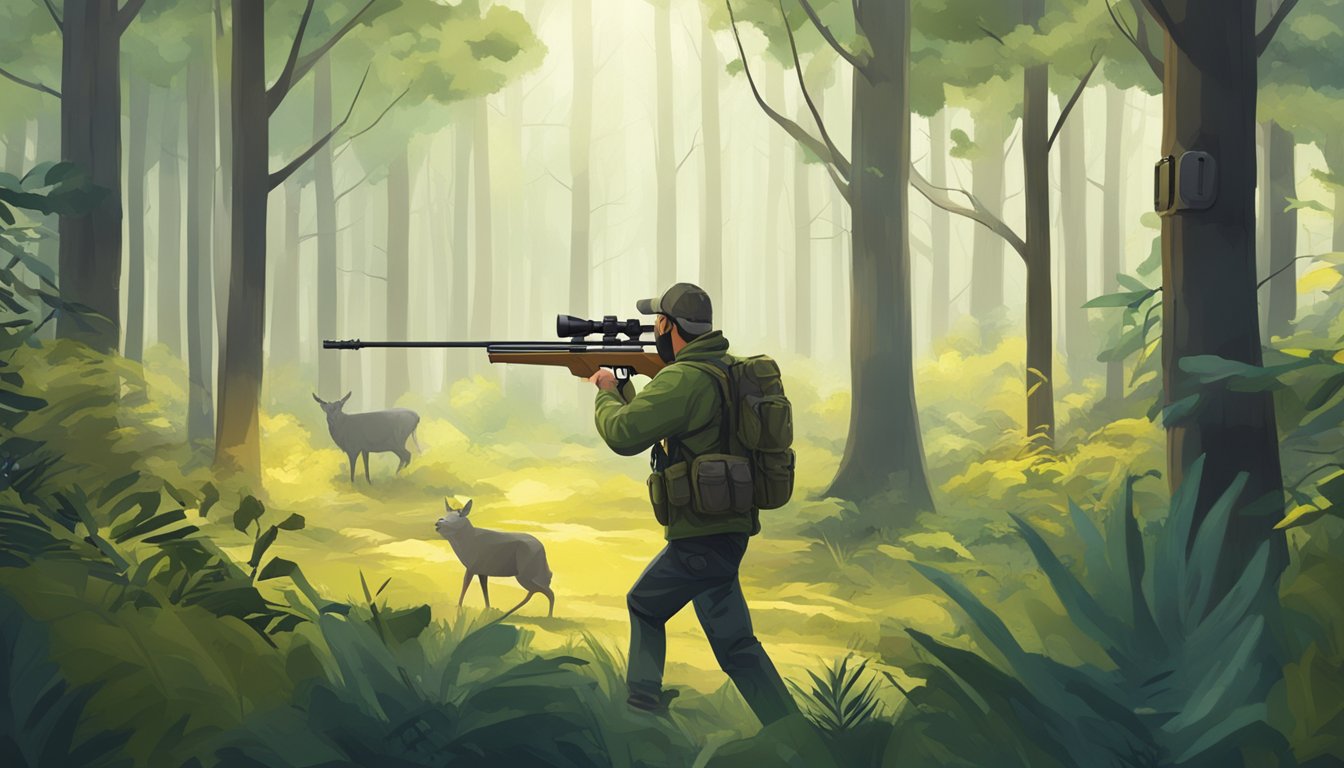 A hunter using a high-tech rifle scope to target game in a forest clearing