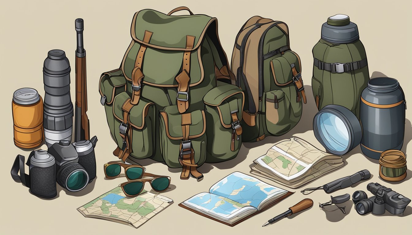 A hunter's backpack open on the ground, filled with gear such as a rifle, binoculars, a map, and a survival kit