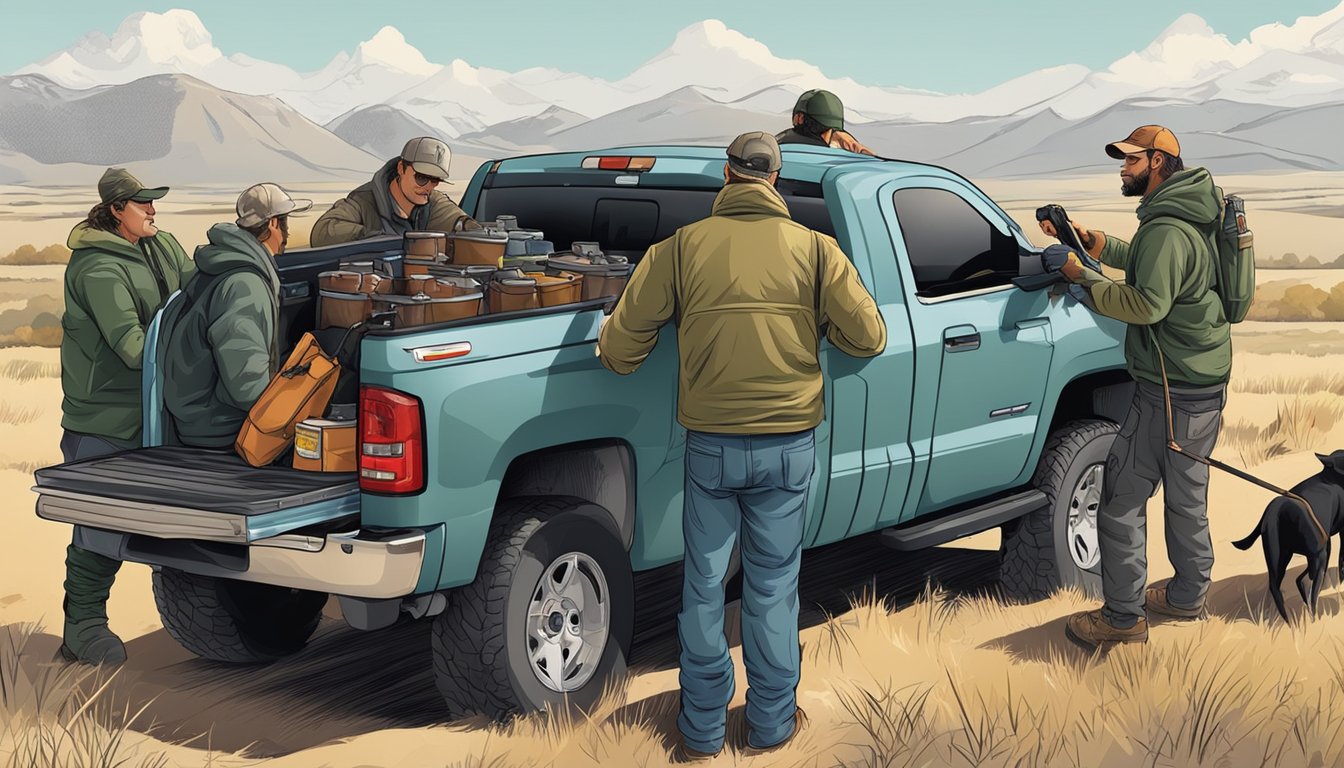 A group of hunters loading a large cooler onto the back of a pickup truck after a successful hunting trip