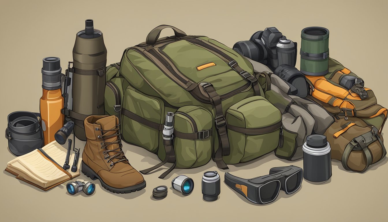 A hunter's backpack, rifle, binoculars, camouflage clothing, and a sturdy pair of hiking boots laid out on the ground