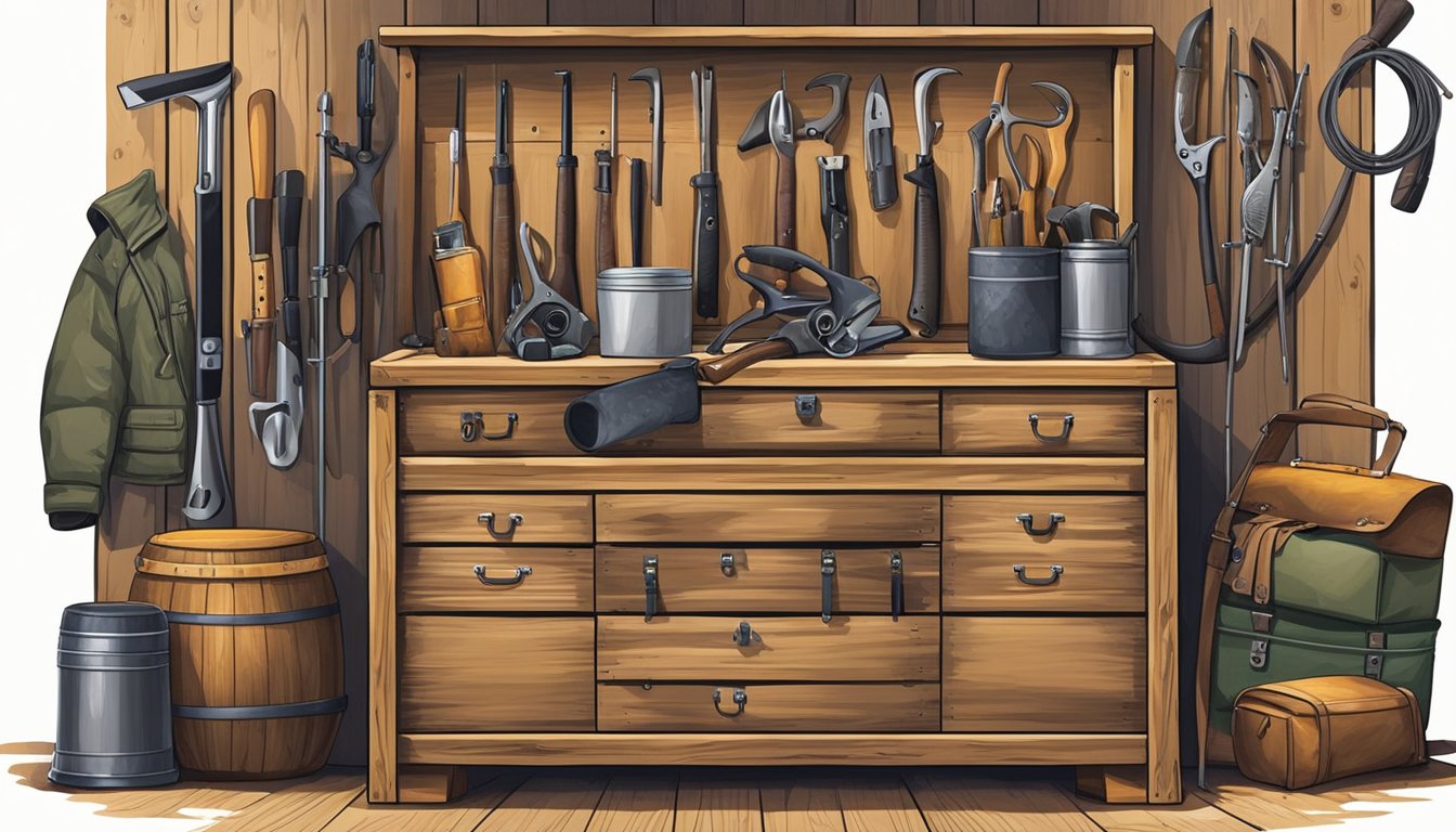 A rustic wooden storage chest sits open, revealing an assortment of hunting gear and tools neatly organized. A maintenance kit hangs on the wall beside it