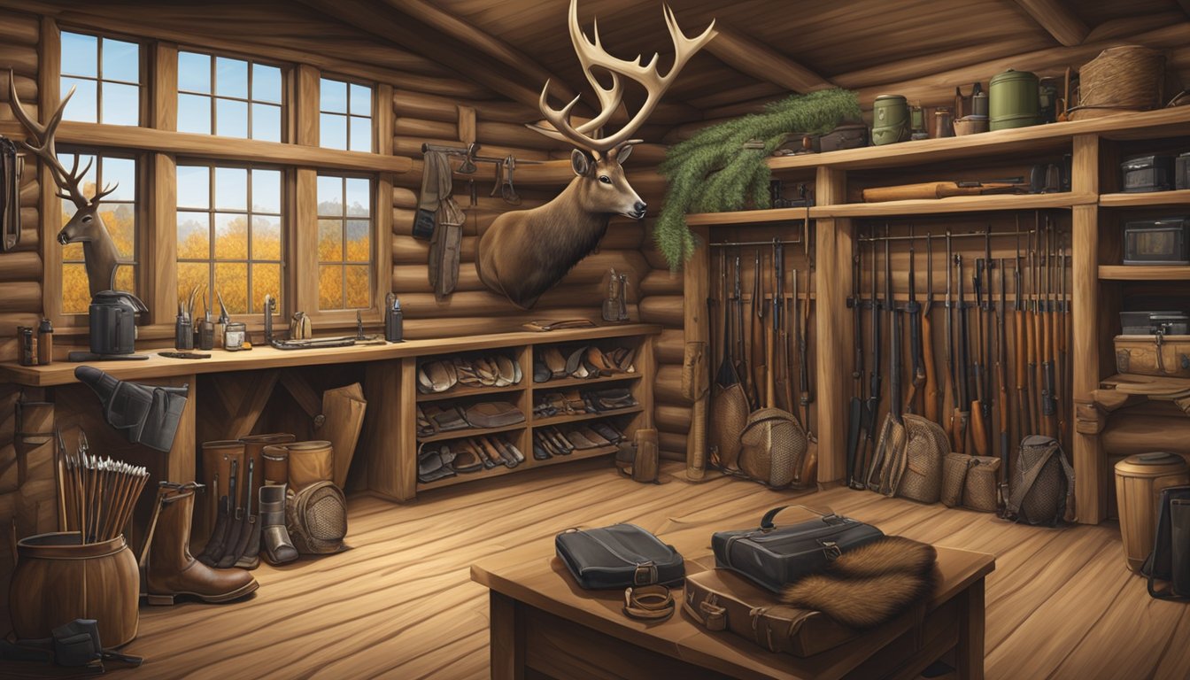 A hunter's cabin with mounted antlers, camouflage gear, rifles, and hunting paraphernalia displayed on the walls and shelves