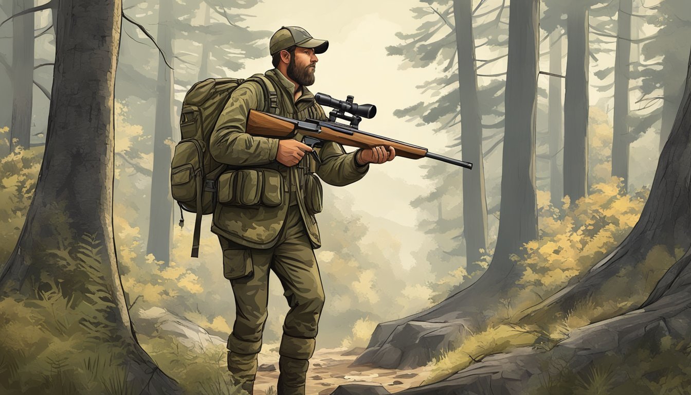 An elk hunter with a rifle and binoculars stalking through a forest, wearing camouflage clothing and carrying a backpack filled with essential gear