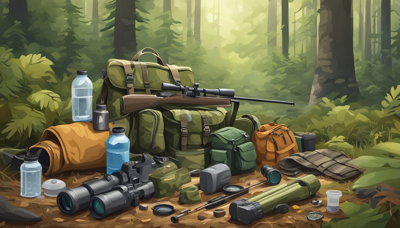 An assortment of hunting gear: rifle, backpack, binoculars, compass, knife, water bottle, and camouflage clothing scattered on the forest floor