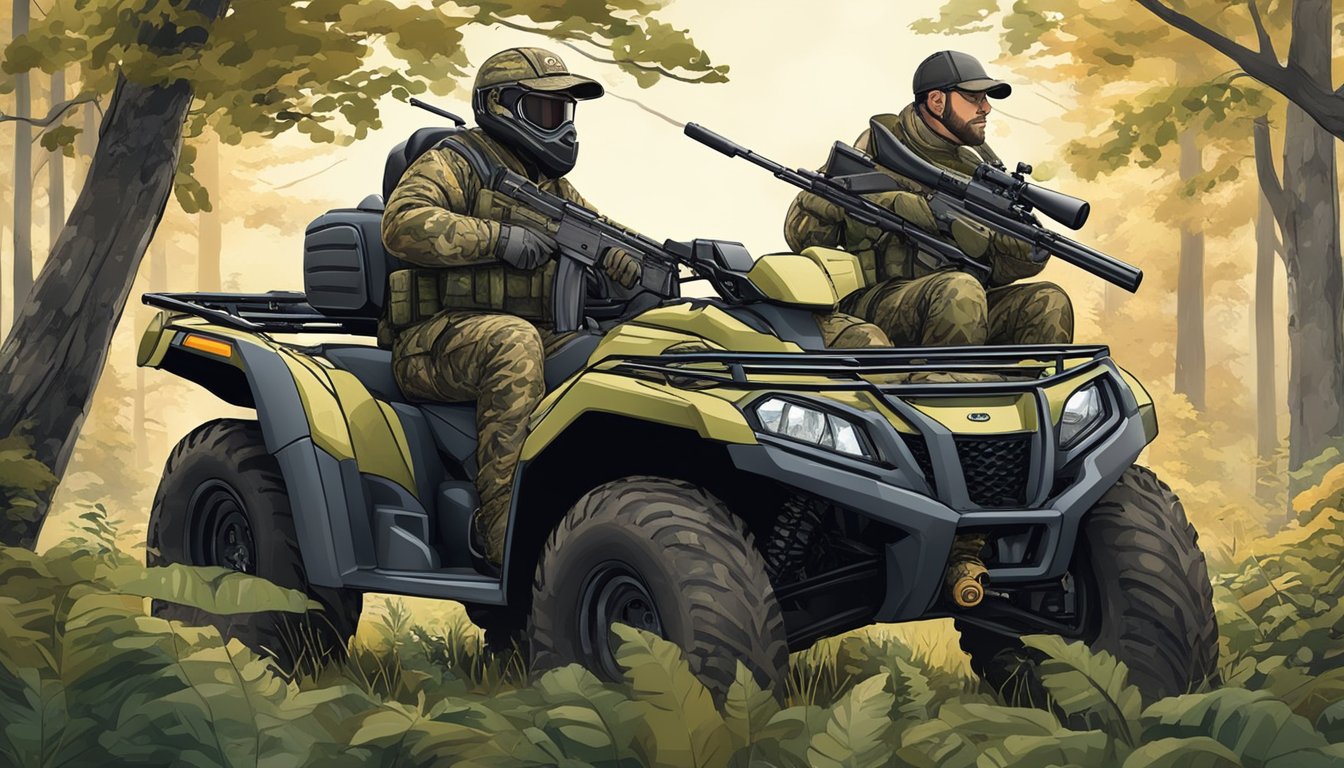 An ATV/UTV loaded with hunting gear, rifles, and camouflage, parked in a forest clearing. A hunter checks the equipment, surrounded by trees and wildlife