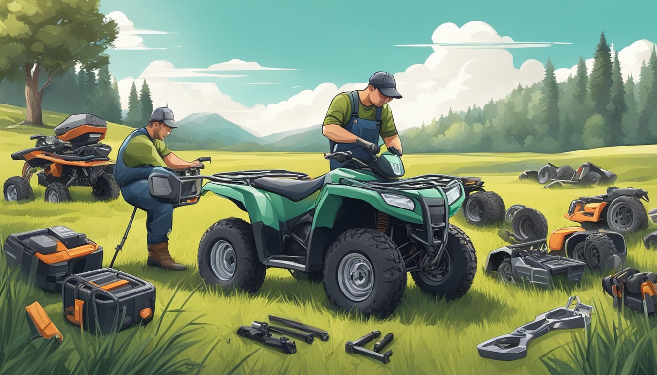 A mechanic repairing an ATV in a grassy field, surrounded by tools and spare parts