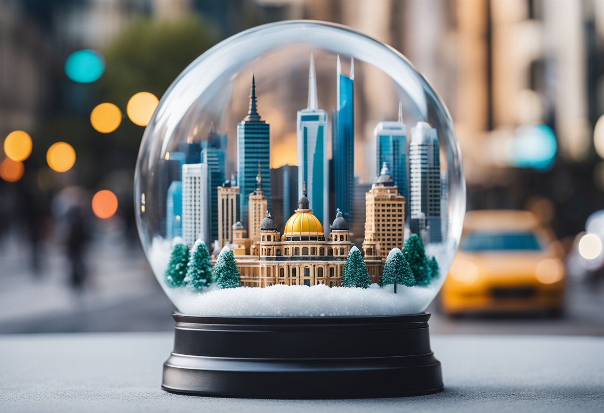 A snow globe featuring Melbourne's iconic landmarks and skyline, surrounded by colorful buildings and bustling streets
