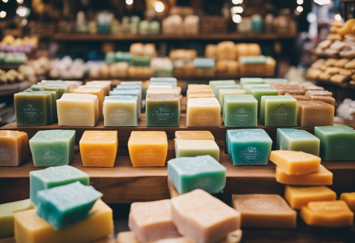 A bustling Melbourne market stall displays colorful Australian Eucalyptus Soap souvenirs amid vibrant local crafts and produce
