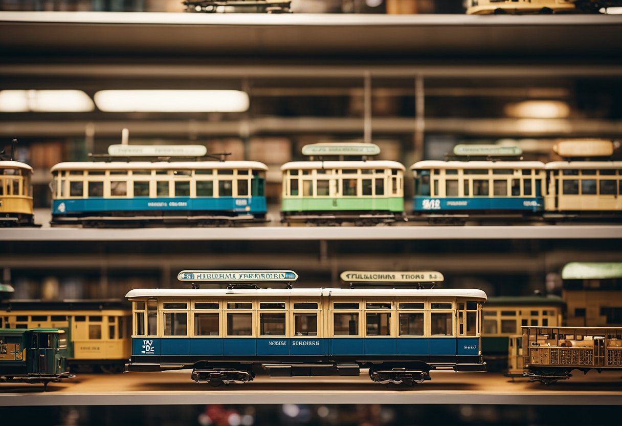 A collection of Melbourne tram model souvenirs displayed on a shelf in a gift shop